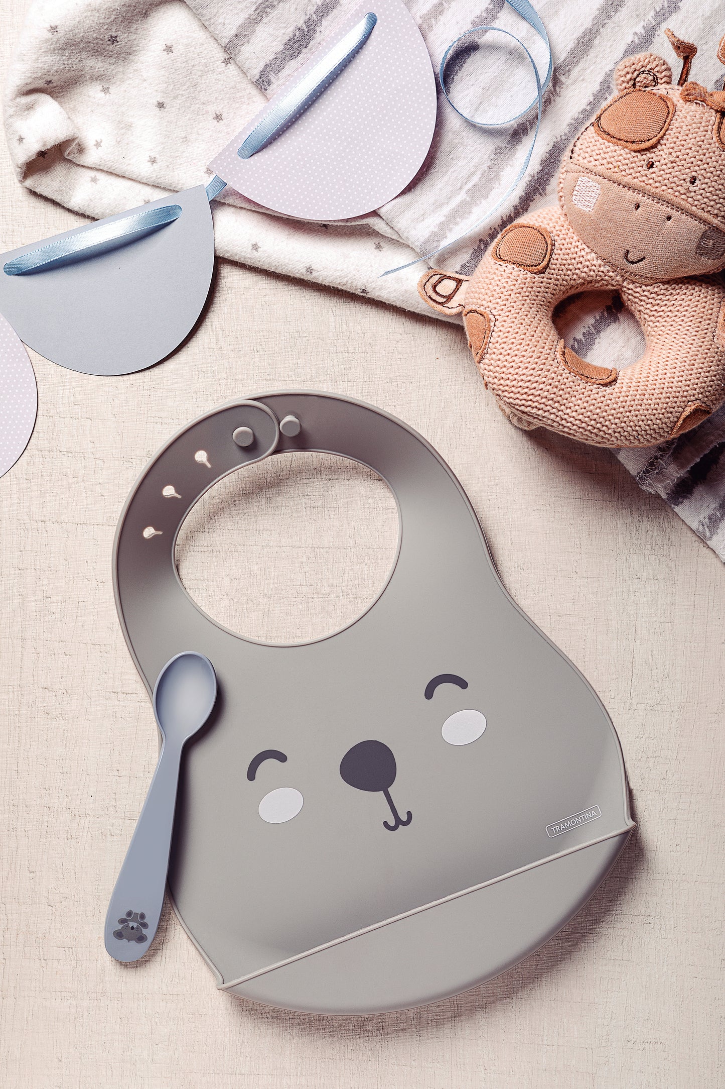 2pc. Grey Bib and Children's Spoon Set