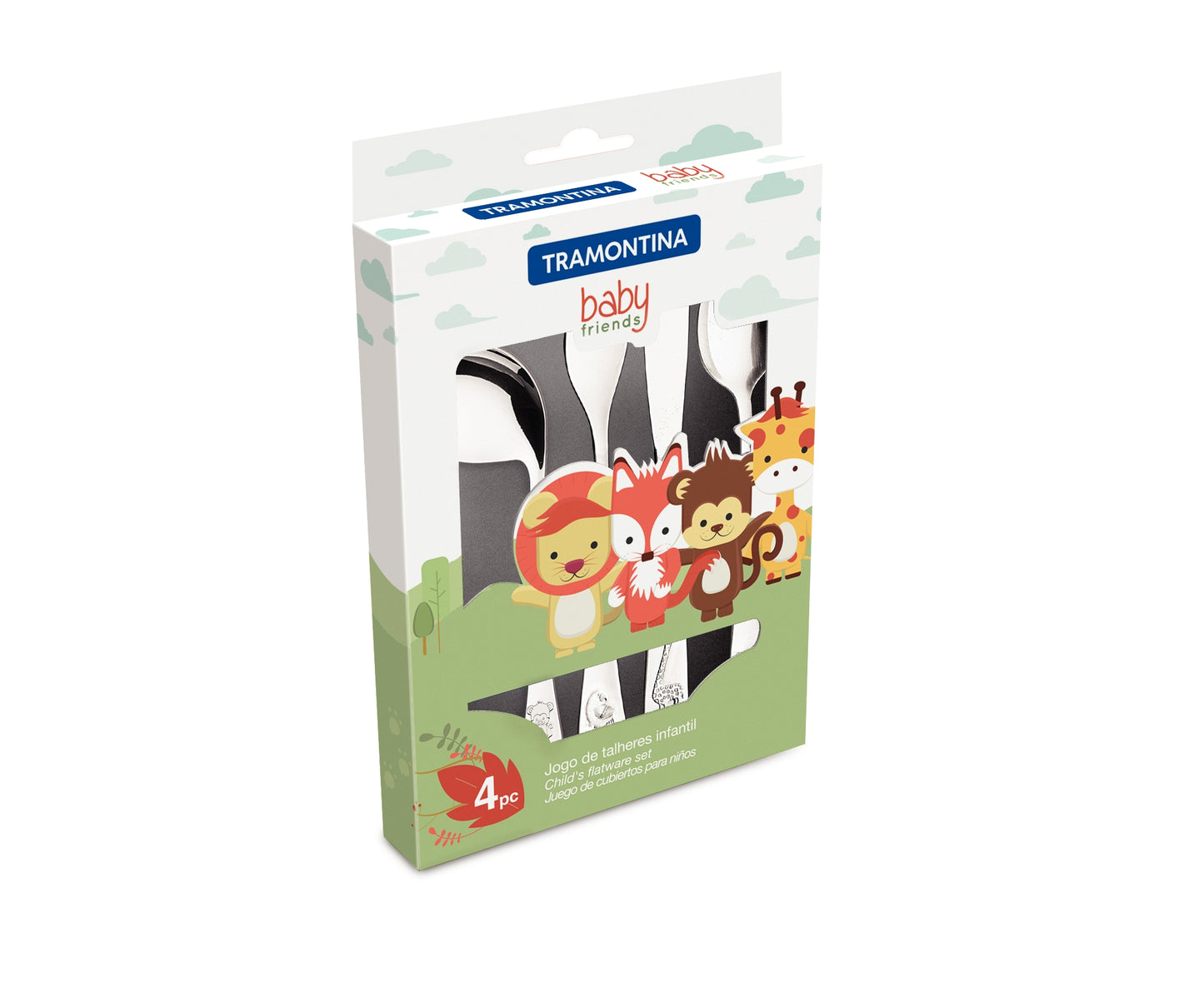 4pc. Child's Set, Stainless Steel. Knife, Fork, Spoon, Curved Spoon