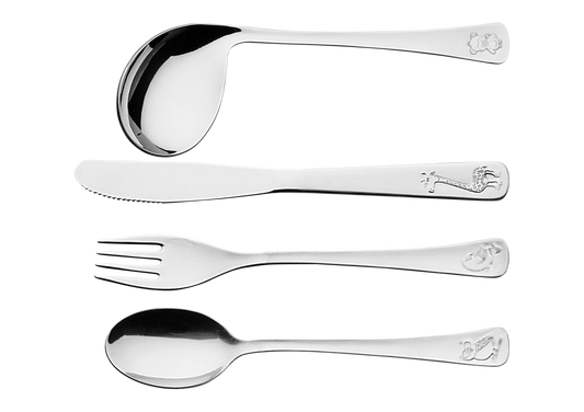 4pc. Child's Set, Stainless Steel. Knife, Fork, Spoon, Curved Spoon