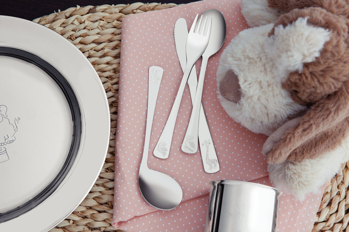 4pc. Child's Set, Stainless Steel. Knife, Fork, Spoon, Curved Spoon
