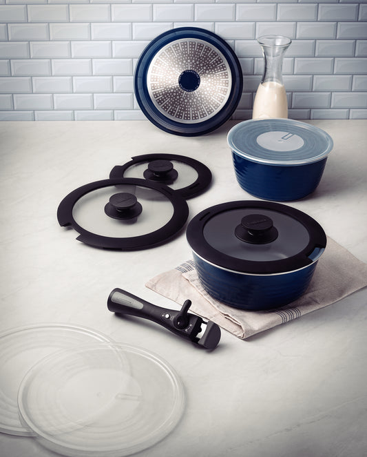 10pc. Multipurpose Blue Aluminum Cookware Set with Ceramic Coating and Removable Handle - Ítria - Ceramic Coating