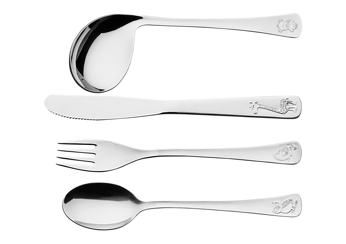 4pc. Child's Set, Stainless Steel. Knife, Fork, Spoon, Curved Spoon