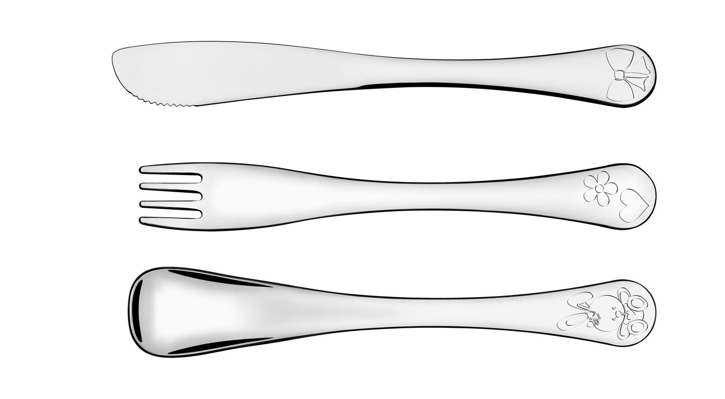 3pc. Child's Set Girls, Stainless Steel. Knife, Fork and Spoon